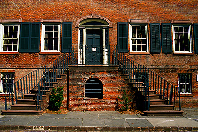 Savannah; Townhouse in historic District; Davenport House, c. 1820 Front elevation, with 2nd story entrance. Location: GA: Chatham County. [ref. to #126.070]