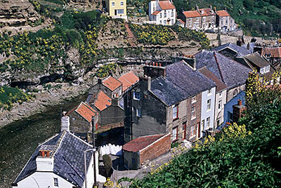 ENG: Yorkshire & Humberside Region, North Yorkshire, North Yorkshire Coast, Sea Cliffs, Straithes, VIew of this fishing village under sea cliffs. [Ask for #133.063.]