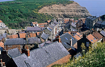 ENG: Yorkshire & Humberside Region, North Yorkshire, North Yorkshire Coast, Sea Cliffs, Straithes, VIew of this fishing village under sea cliffs. [Ask for #133.064.]