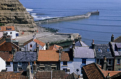 ENG: Yorkshire & Humberside Region, North Yorkshire, North Yorkshire Coast, Sea Cliffs, Straithes, VIew of this fishing village under sea cliffs. [Ask for #133.070.]