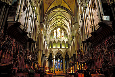 Salisbury Cathedral, Choir and Sanctuary, prepared for a wedding. Location: ENG, Wiltshire , Central Chalklands, Salisbury. [ref. to #137.010]