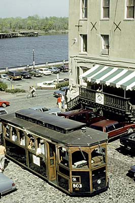 Savannah; Factors Walk, Antebellum warehouses; tour trolly goes down cobblestone street, descending between warehouses to the old wharf. Location: GA: Chatham County. [ref. to #147.064]