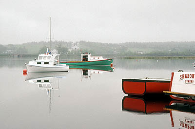 Nova Scotia, Cape Breton Island; Boats in fog, on the section of Bras d'Or Lake known as St. Andrews Channel. [ref. to #152.002]