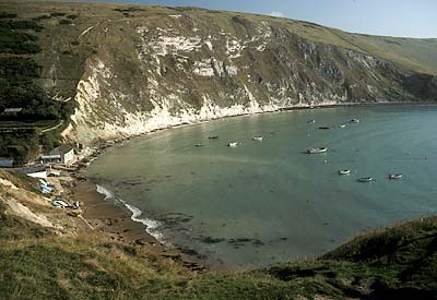 View east from cliffs. Location: ENG, Dorset , Dorset AONB, Isle of Purbeck, Lulworth Cove. [ref. to #155.088]