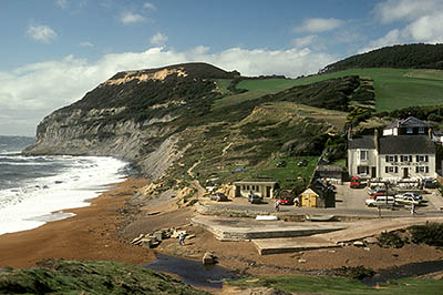 View west along sea cliffs, with sand beaches below, towards the hamlet of Seatown and the cliffs of Golden Cap. Location: ENG, Dorset , Dorset AONB, Dorset's Southwest Coast, Seatown. [ref. to #156.056]