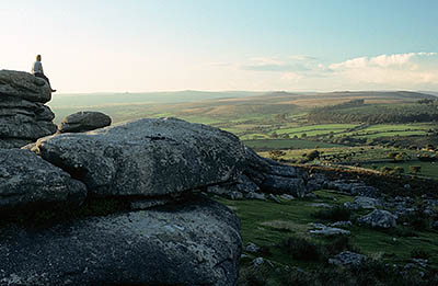 Dartmoor National Park. View over open moor towards Improved lands in the River Dart headwaters, from Combestone Tor. Location: ENG, Devon, Central Dartmoor, Dartmeet. [ref. to #157.051]