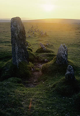 Dartmoor National Park. Prehistoric stone row at sunset. Location: ENG, Devon, Central Dartmoor, Merrivale. [ref. to #158.002]