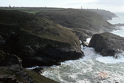 ENG: South West Region, Cornwall, Cornwall AONB, Penwith Peninsula, Pendeen Watch, View from cape of sea cliffs to the south. Tin mines [Ask for #159.021.]