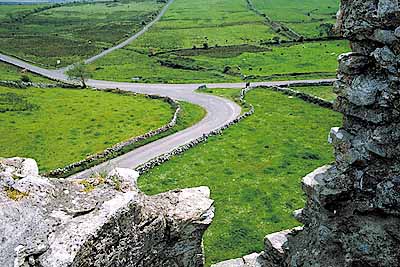 The Burren; Leamaneh Castle. Vw of country lanes from tower. near Kilfenora. Location: IRE, Co. Clare [ref. to #165.031]