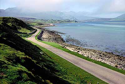 View of bay and fields from road; fog. Location: UK, Scotland, Highlands Region, Sutherland District, Northern Coast, Durness, Kyle of Durness. [ref. to #178.025]