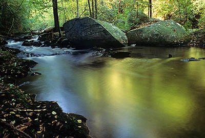 Slickrock Creek; color reflected on surface. Location: NC, Graham County, Nantahala National Forest, Joyce Kilmer-Slickrock Wilderness, Slickrock Creek. [ref. to #180.010]