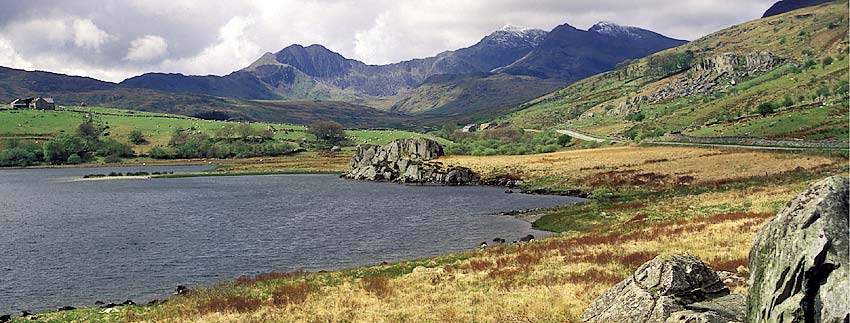 View of Mt. Snowdon, tallest in Britain, fr Llynnau Mymbyr (lake). Location: WAL, Conwy County, Snowdonia Nat Park, Betws-y-coed Area, Capel Curig. [ref. to #183.064]