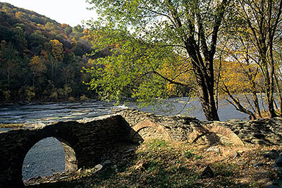 WV: Jefferson County, Potomac River Area, Harpers Ferry Nat. Hist. Park, Virginius Island, Abnd 19th C watermill by Shenandoah River. View from ruins towards river [Ask for #194.048.]