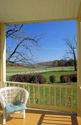 View from porch of 19th C. farmhouse. Location: VA, Fauquier County, The Blue Ridge Mountains, Paris, Sky Meadows State Park. [ref. to #195.006]