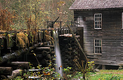 North Carolina: The Great Smoky Mtns Region, Swain County, Great Smoky Mountains Nat. Park, Newfound Gap Road, Mingus Mill, Elevated millrace entering mill [Ask for #195.022.]