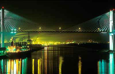 Savannah; Savannah River, new bridge, at night Cargo ship, factories. Location: GA: Chatham County. [ref. to #196.019]