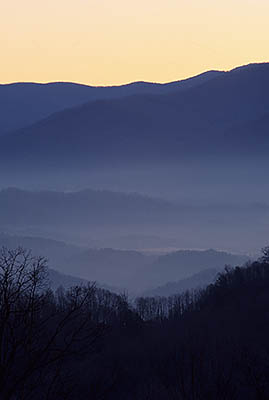 The Great Smoky Mountains loom above the Tuckaseegee Valley at dawn. Location: NC, Swain County, Qualla Boundary (Cherokee Res.), 3200 Acre Tract (Fry Mountain). [ref. to #196.051]