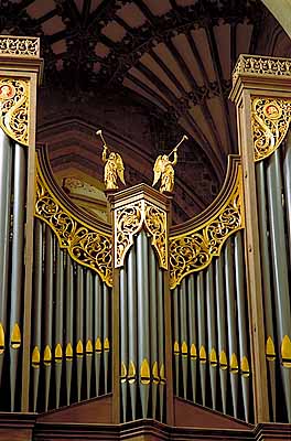 Wells Cathedral, organ; angels on top of pipes. Location: ENG, Somerset , The Mendip Hills, Wells. [ref. to #201.049]