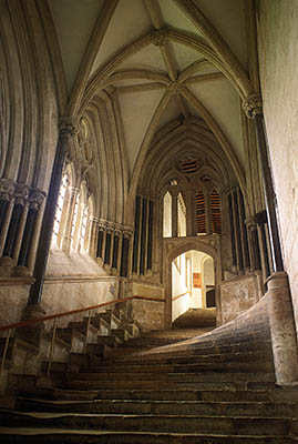 ENG: Somerset , The Mendip Hills, Wells, Wells Cathedral, Stone stairs, worn by centuries of use, lead upward to the cathedral chapter house [Ask for #201.053.]