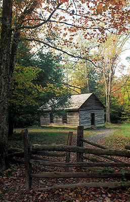 Greenbriar School; Log one-room schoolhouse, c1840 Viewed over stile in split rail fence. Location: TN, Sevier County, Great Smoky Mountains Nat. Park, Little River Road, Little Greenbrier. [ref. to #204.016]