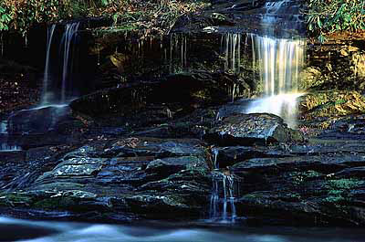 Tom Branch Falls, in late afternoon sun. Location: NC, Swain County, Great Smoky Mountains Nat. Park, Deep Creek Area. [ref. to #207.051]