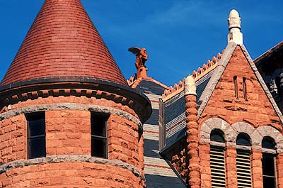 Old Red Courthouse; detail showing roof turrets and gargoyles. Location: TX, Dallas County, Dallas, Downtown. [ref. to #208.006]