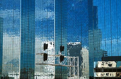 Railroad signals against glass sides of Hyatt Regency Hotel. Location: TX, Dallas County, Dallas, Downtown. [ref. to #208.011]