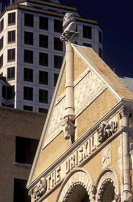 The Driskill Hotel. Gable and sculptures over front entrance. Location: TX, Travis County, Austin, Downtown. [ref. to #208.030]