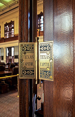 Door henge inscribed "TEXAS CAPITOL", in the House of Representitive Chambers. Location: TX, Travis County, Austin, State of Texas Capitol Building. [ref. to #208.054]