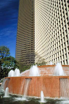 Downtown skyscrapers; fountain. Location: TX, Harris County, Houston, Downtown. [ref. to #208.256]