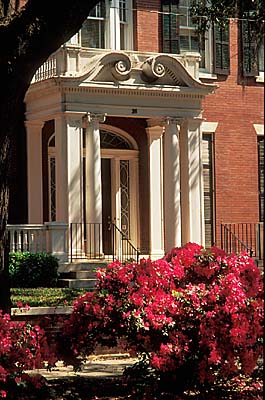 Savannah; Ante-bellum townhouse; front entrance framed by azaleas Rhododendron simsii. Location: GA: Chatham County. [ref. to #211.016]