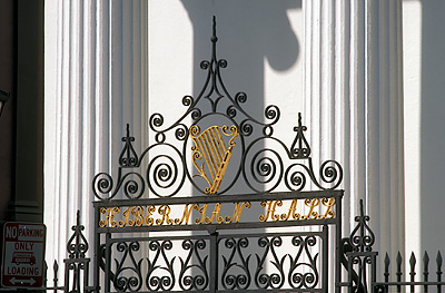 Charleston; Meeting Street. Hibernian Hall; name over front gate in gilt wrought iron. NR. Location: SC: Charleston County. [ref. to #211.105]