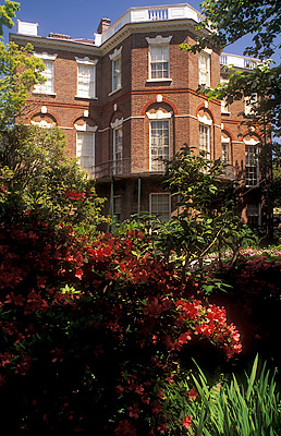 Charleston; Nathanial Russell House. Side of house, viewed from garden Azeleas. Location: SC: Charleston County. [ref. to #211.116]