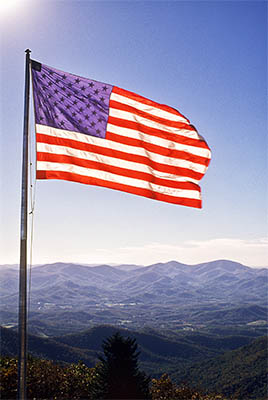 Brasstown Bald. American flag flying over the Blue Ridge, on the highest point in Georgia. Location: GA, Union County, Chattahoochee National Forest. [ref. to #214.052]