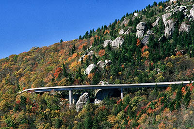 NC: Avery County, The Blue Ridge Parkway, Grandfather Mountain Section, Linn Cove Viaduct, MP 304, viewed from Milepost 303 on Grandfather Mountain [Ask for #214.074.]