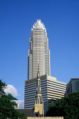 North Carolina: Central Piedmont Region, Mecklenburg County, Charlotte, Downtown, Nationsbank Corporate Center and steeple of First Presbyterian Church [Ask for #215.089.]