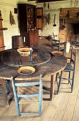 NC: Mecklenburg County, Charlotte, Polk Memorial State Park, Pineville, Interior of log kitchen outbuilding Table w. lazy susan [Ask for #215.104.]