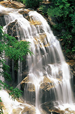 Closeup of lower section of Whitewater Falls, the tallest in the East; summer. Location: NC, Jackson County, Nantahala National Forest, Whitewater Falls. [ref. to #216.077]