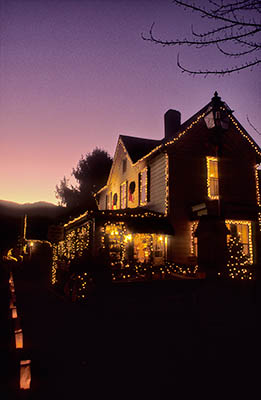 Luminaire Festival Depot St. at dusk, in front of Enloe House looking west. Location: NC, Jackson County, Balsam Mountains, Dillsboro. [ref. to #222.114]