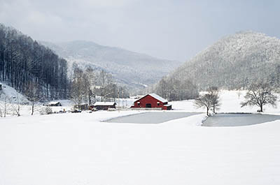 Red barn & ponds in meadow; snow. Location: NC, Swain County, Tuckaseegee Valley, Whittier Area, Conley Creek Community. [ref. to #223.003]