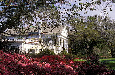 NC: Brunswick County, Cape Fear River Area, Southport Vicinity, Orton Plantation, Plantation house, viewed from garden; azaleas in bloom [Ask for #224.094.]