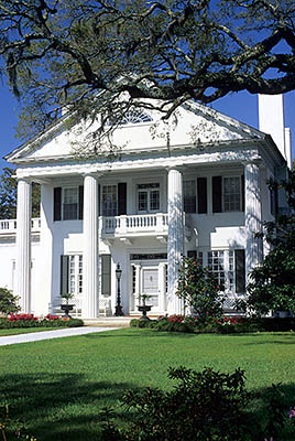 NC: Brunswick County, Cape Fear River Area, Southport Vicinity, Orton Plantation, Plantation house, viewed from front; azaleas in bloom [Ask for #224.100.]