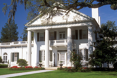 NC: Brunswick County, Cape Fear River Area, Southport Vicinity, Orton Plantation, Plantation house, viewed from front; azaleas in bloom [Ask for #224.101.]