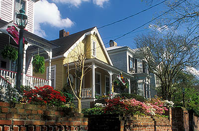 NC: New Hanover County, Cape Fear River Area, Wilmington, Wilmington Historic District, Victorian houses. Azaleas in bloom [Ask for #224.146.]