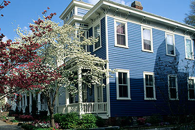 NC: New Hanover County, Cape Fear River Area, Wilmington, Wilmington Historic District, Hansen House. Porch framed by dogwoods. [Ask for #224.148.]