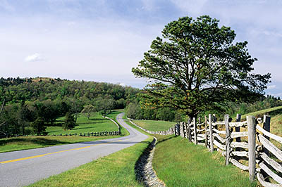 The Blue Ridge Parkway. Traditional split rail fence along parkway. Location: NC, Alleghany County, Doughton Park, MP 241. [ref. to #226.046]