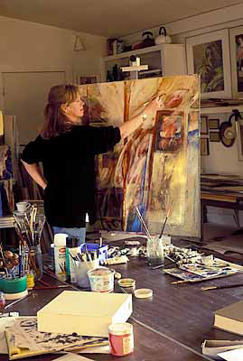 Painter Carol Bomer at work in her studio. Verbal permission. Location: NC, Buncombe County, Asheville Area, Southern and Western Neighborhoods, Arden. [ref. to #228.327]