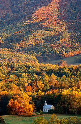 Fall view south over Cades Cove, towards the Great Smoky Mountains and the Methodist Church. Location: TN, Blount County, Great Smoky Mountains Nat. Park, Cades Cove, Rich Mountain Road. [ref. to #228.747]