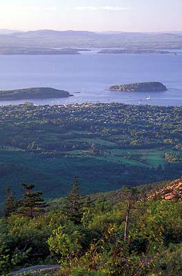 Mount Desert Island, Maine; Acadia National Park; Cadillac Mtn. View from summit towards Bar Harbor & Frenchman Bay in late aft. sun. Location: ME: Hancock County. [ref. to #229.119]