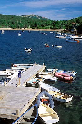 Mount Desert Island, Maine; Seal Harbor; View across harbor from town wharf towards Penobscot Mtn in Acadia NP. Location: ME: Hancock County. [ref. to #229.173]